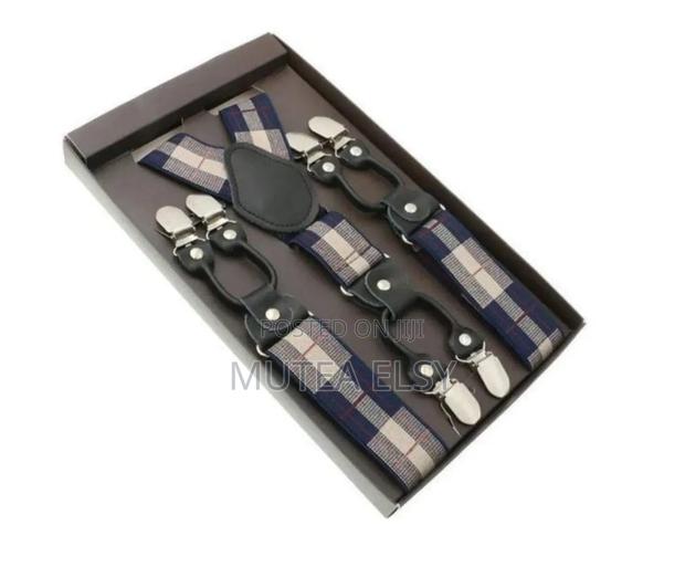Executive Checked Blue Brawn Double Clip Suspenders - main view
