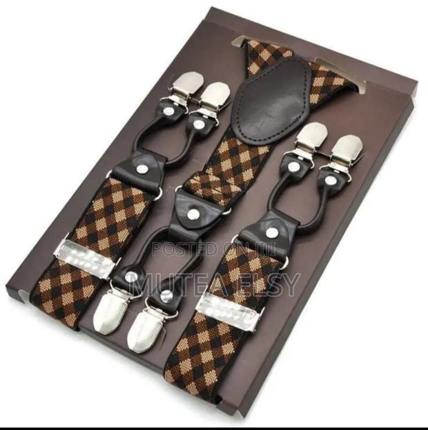 Executive Checked Blue Brawn Double Clip Suspenders - thumbnail 2