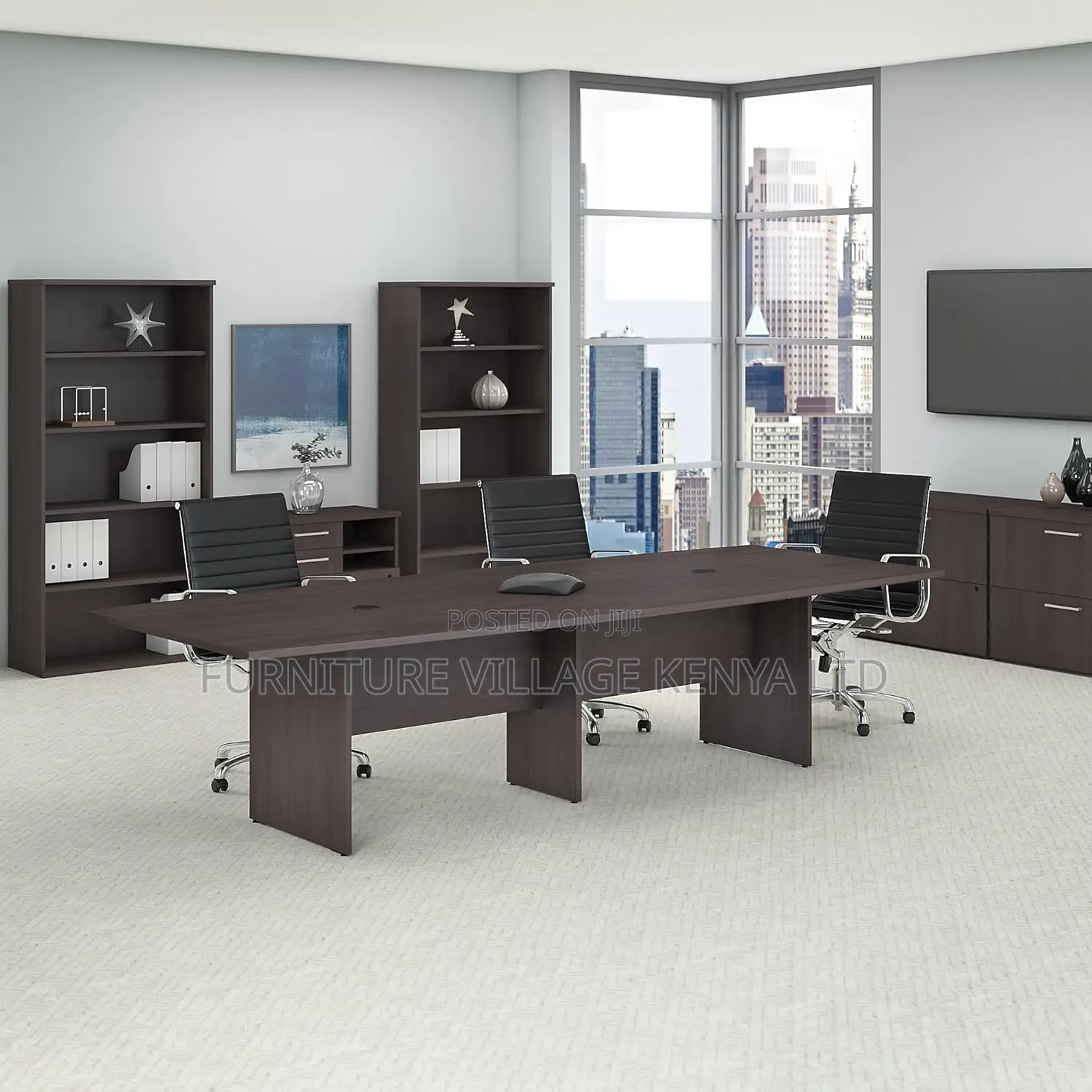 Boat Shaped Conference Table With Wood Base in Storm Gray