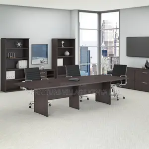 Boat Shaped Conference Table With Wood Base in Storm Gray
