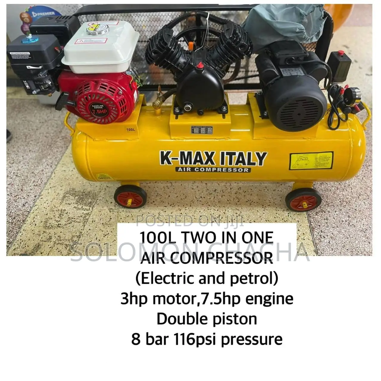 100 LTRS 2in1 Air Compressor 3hp Motor 7.5hp 2 Piston 8 Bar