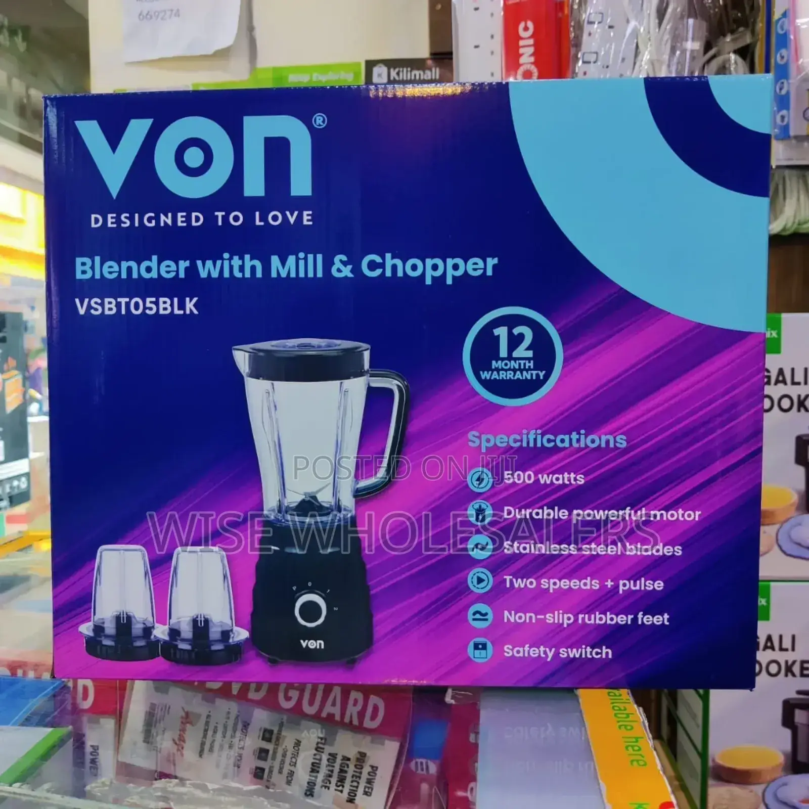 Von Vsbt05blk 3 In 1 Blender + Mill + Chopper 1.5l, 500w..