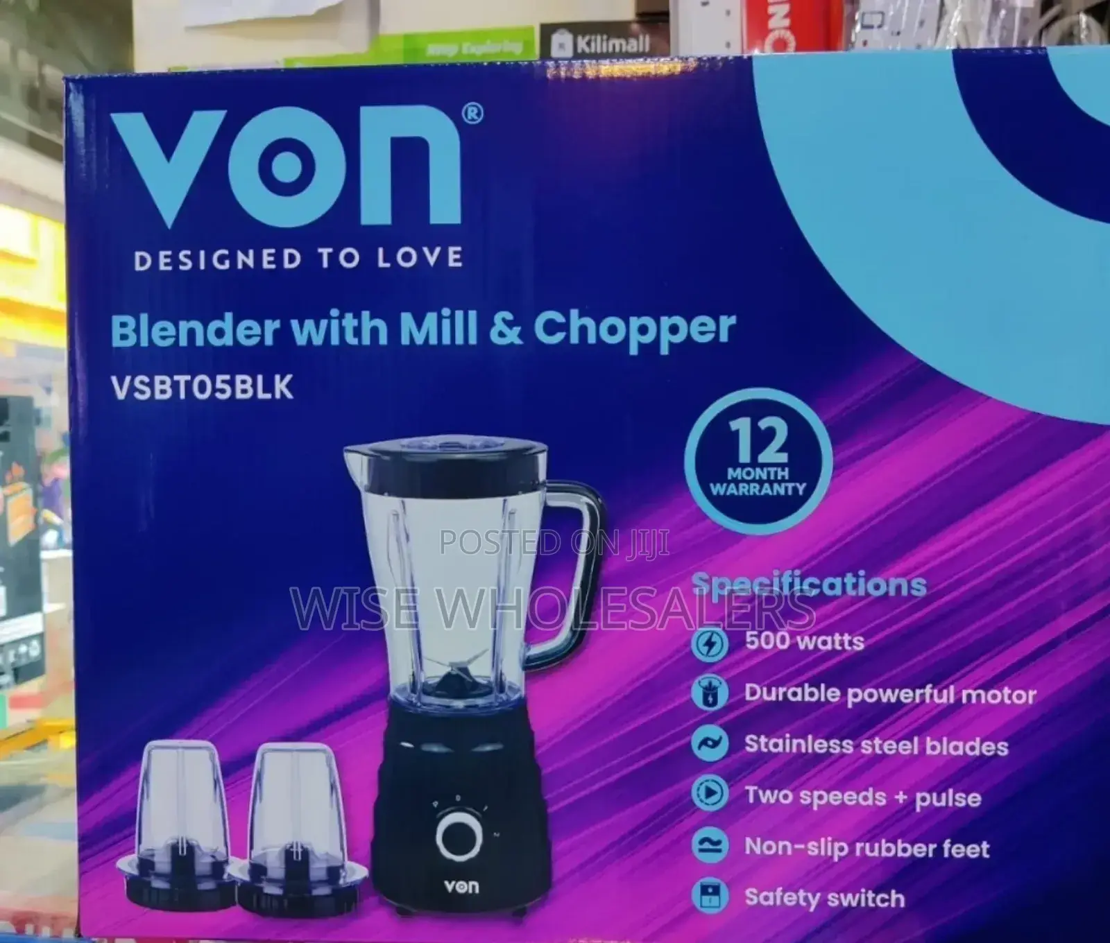 Von Vsbt05blk 3 In 1 Blender + Mill + Chopper 1.5l, 500w .