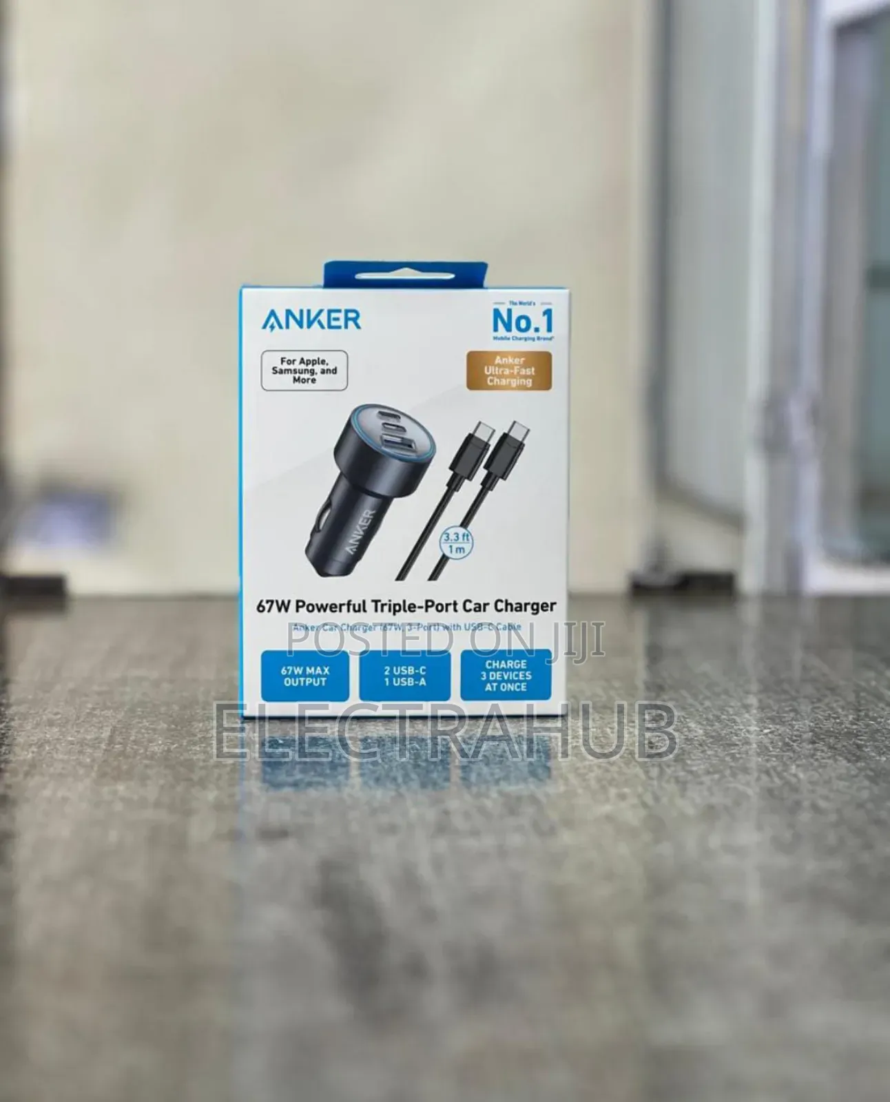 Anker Car Charger 67w 3 Ports With Type C Cable