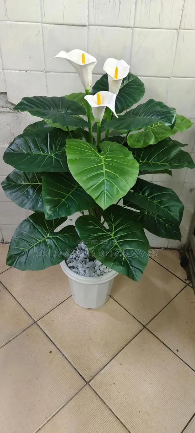 Flowered White Green Plant,Plastic Vase Decorative Stones - main view