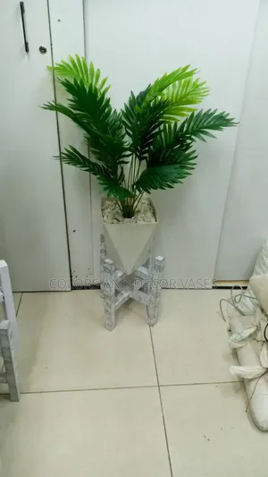 Palm,Stand Wooden With Vase and Pebble Stones