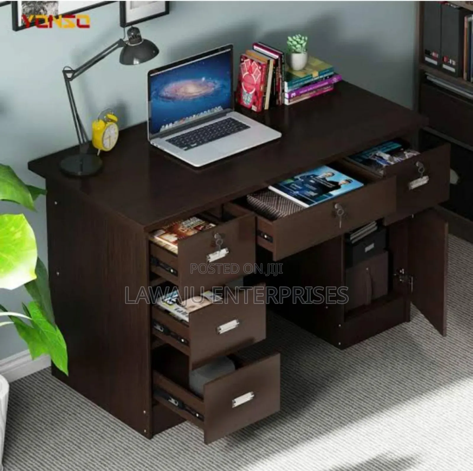 Dark Brown Computer Desk With Lockable Drawers