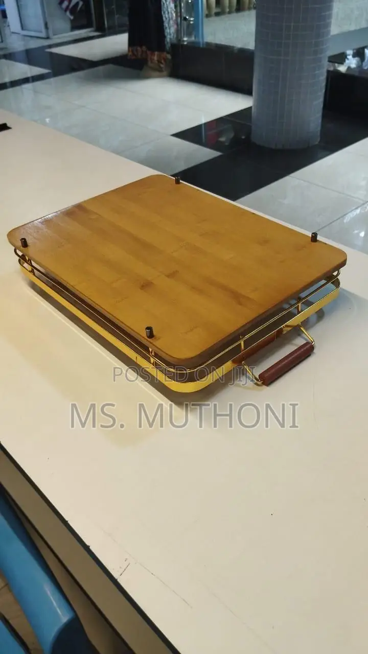 Wooden Tray With Metallic Gold Handles