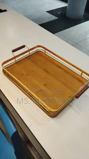 Wooden Tray With Metallic Gold Handles
