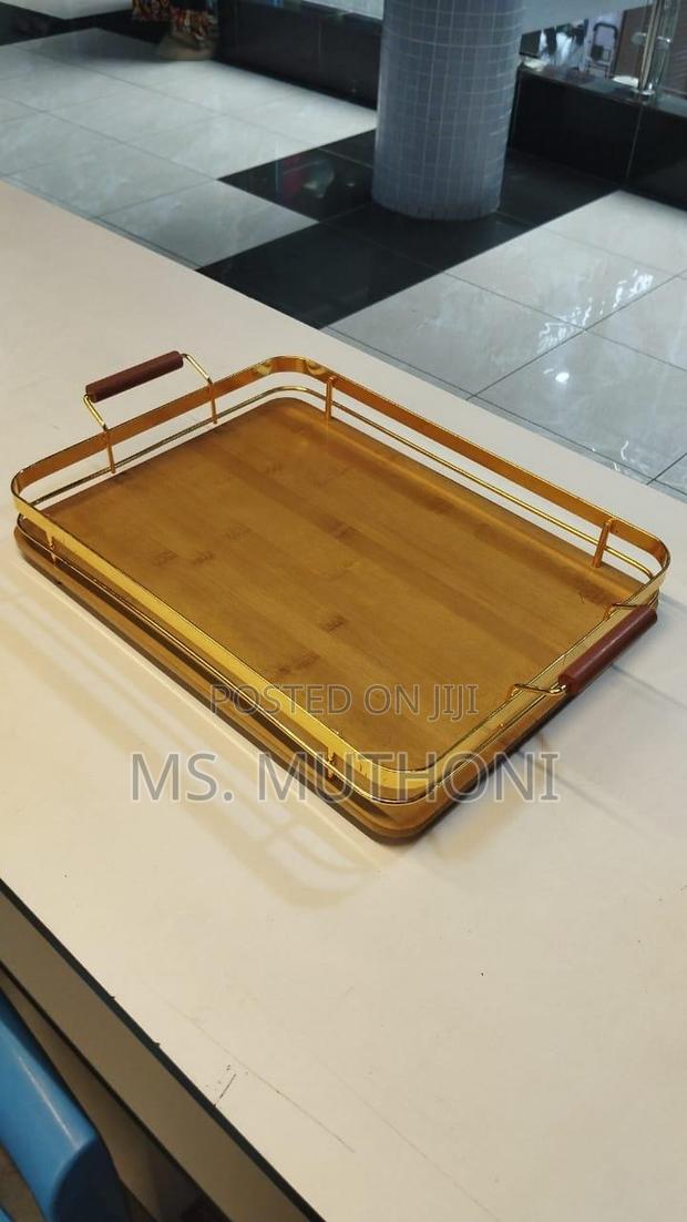 Wooden Tray With Metallic Gold Handles