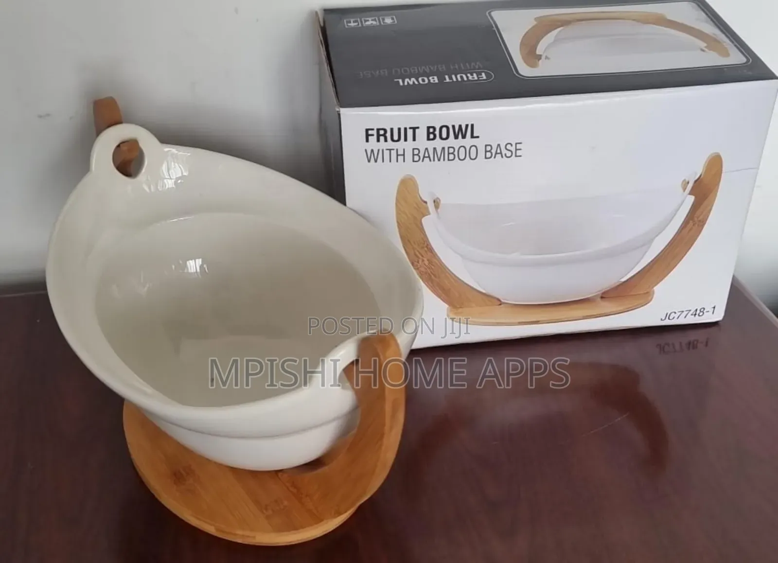 Ceramic Fruit Bowl With Bamboo Base 28cm