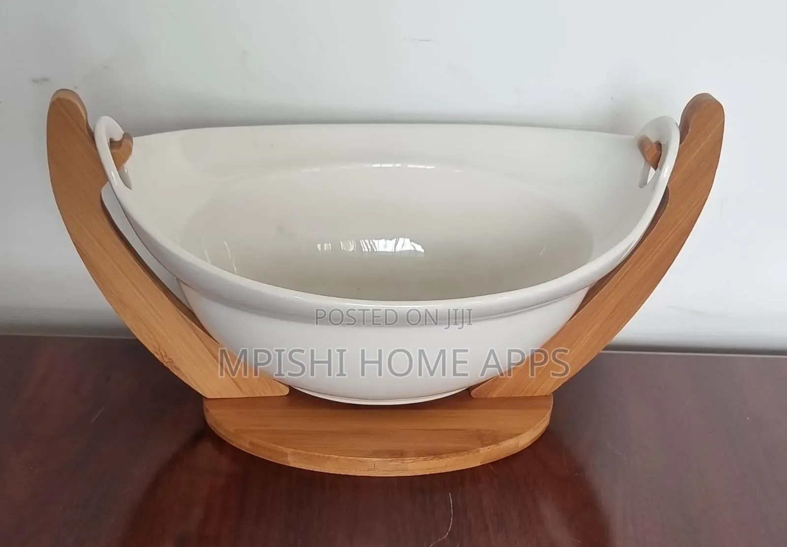 Ceramic Fruit Bowl With Bamboo Base 28cm