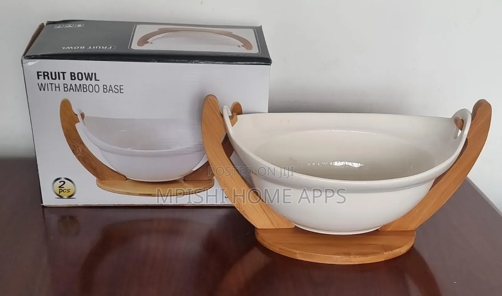 Ceramic Fruit Bowl With Bamboo Base 28cm
