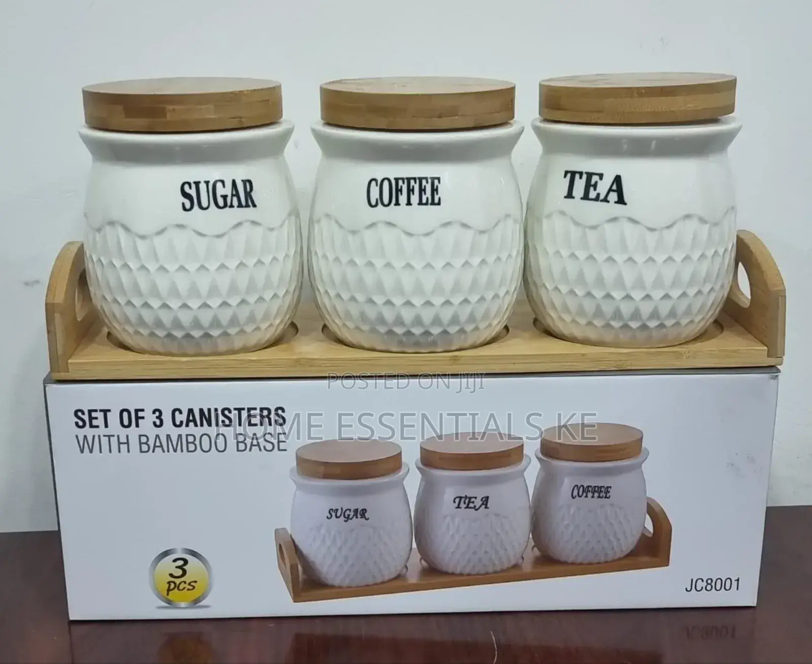 3pcs Ceramic Canisters Sugar Tea Coffee Bamboo Base