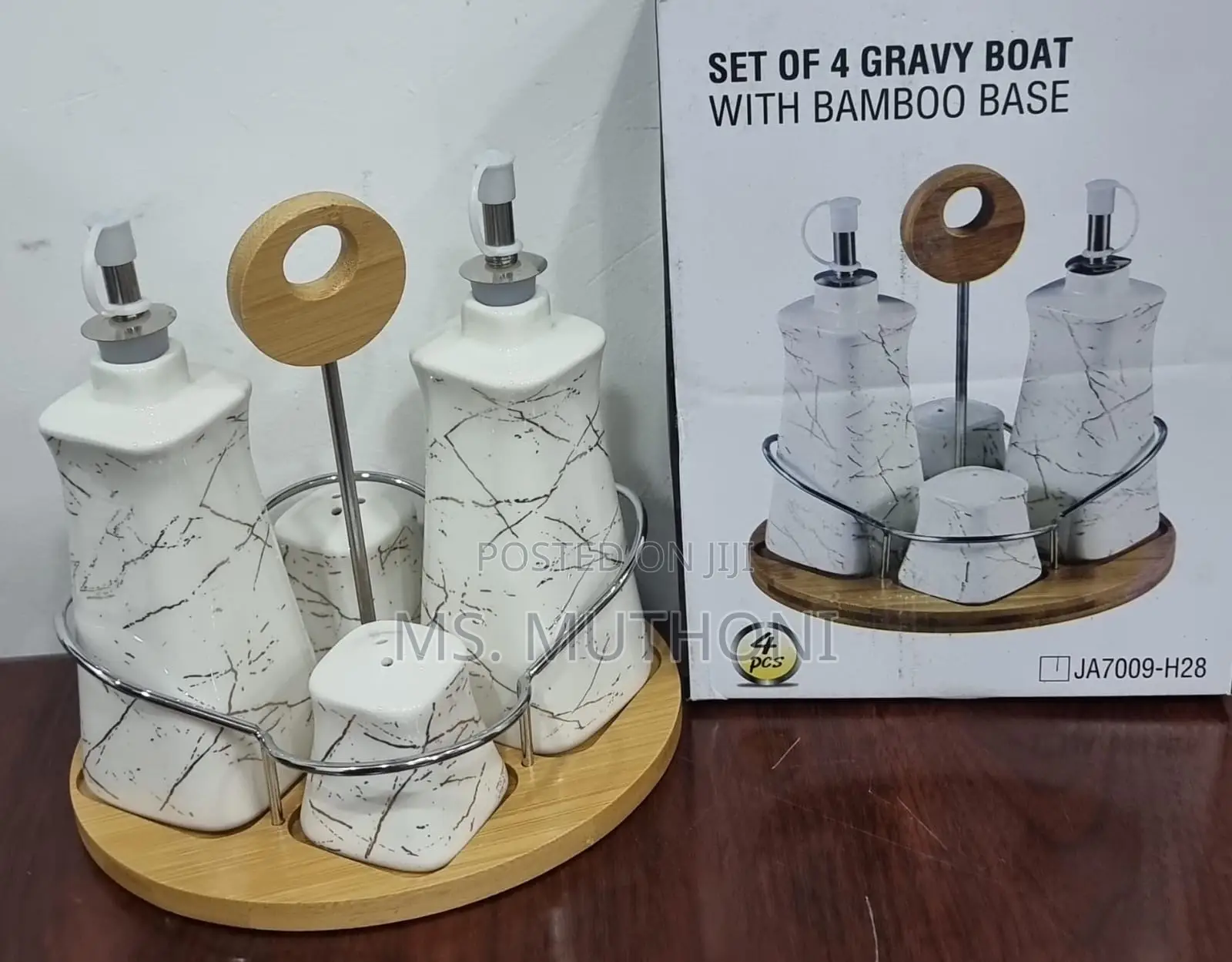 Set of 4 Ceramic Gravy Boat Season Oil Dispenser and Shaker