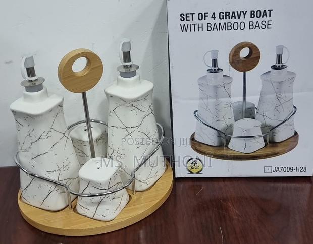 Set of 4 Ceramic Gravy Boat Season Oil Dispenser and Shaker