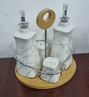 Set of 4 Ceramic Gravy Boat Season Oil Dispenser and Shaker
