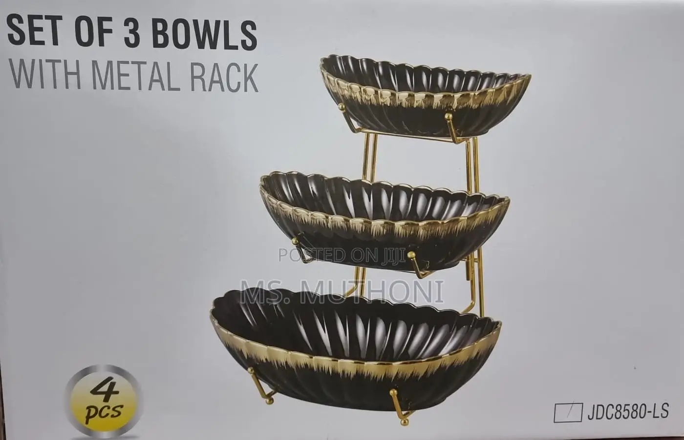 *jd8580-Ls Set of 3 Ceramic Fruit Bowls on Gold Metal Rack