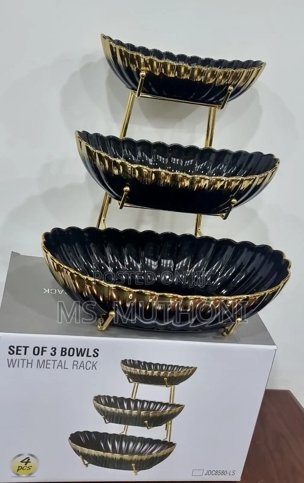 *jd8580-Ls Set of 3 Ceramic Fruit Bowls on Gold Metal Rack