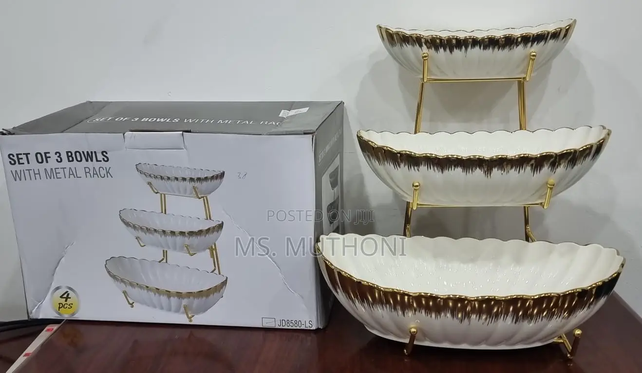 Set of 3 Ceramic Fruit Bowls on Gold Metal Rack