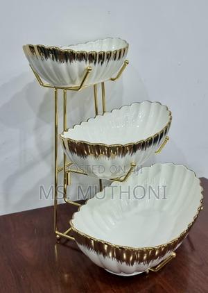 Set of 3 Ceramic Fruit Bowls on Gold Metal Rack - thumbnail 2