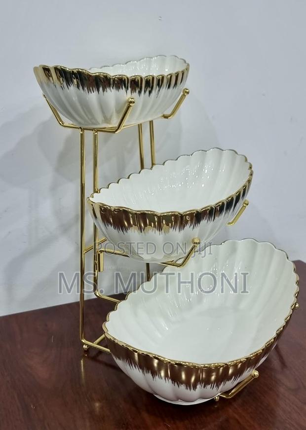 Set of 3 Ceramic Fruit Bowls on Gold Metal Rack - main view