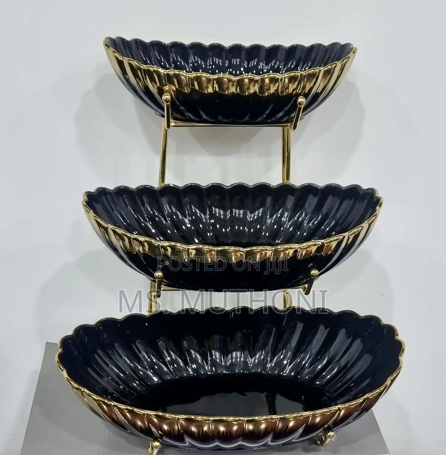 Set of 3 Ceramic Fruit Bowls on Gold Metal Rack