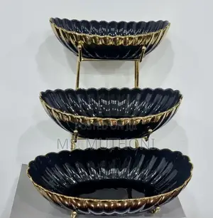 Set of 3 Ceramic Fruit Bowls on Gold Metal Rack