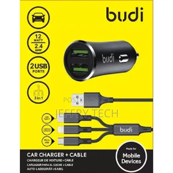 Budi 3 in 1 Car Charger - Fast Charging , 2 USB Ports