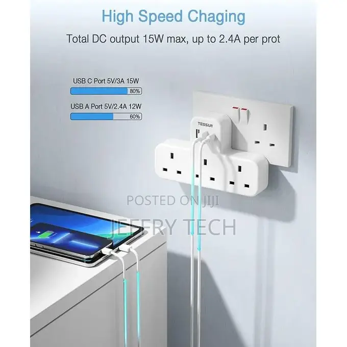 Extension 3 Way Plug Adapter UK With Multi USB Plug