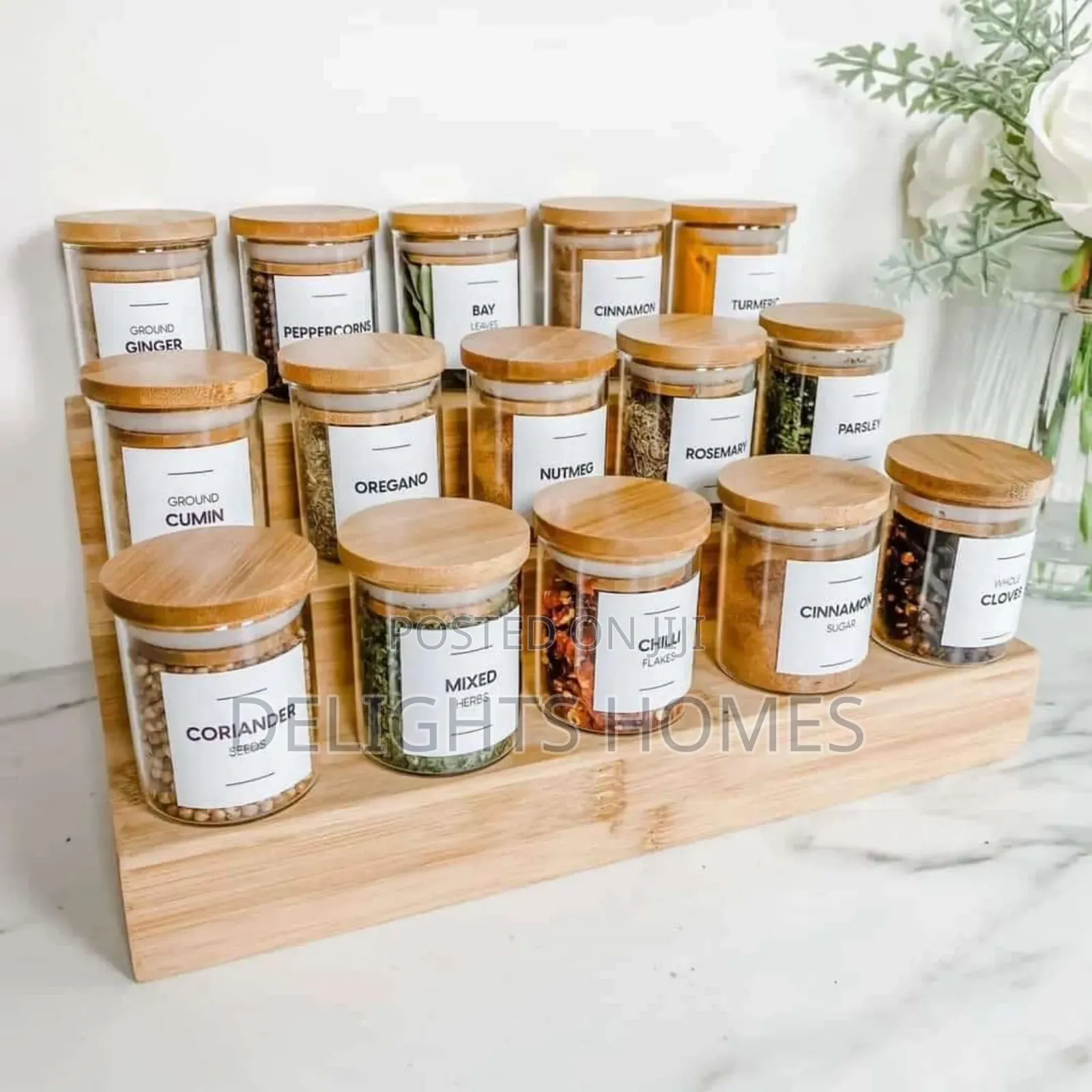 15pcs Glass Spice Jar Set With a Wooden Bamboo Stand -Sen