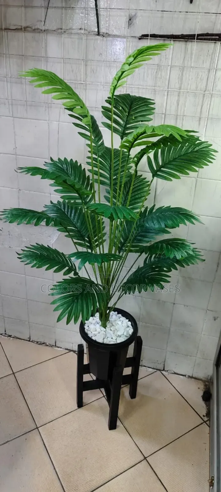 Black Vase, Stand And Flowers Artificial