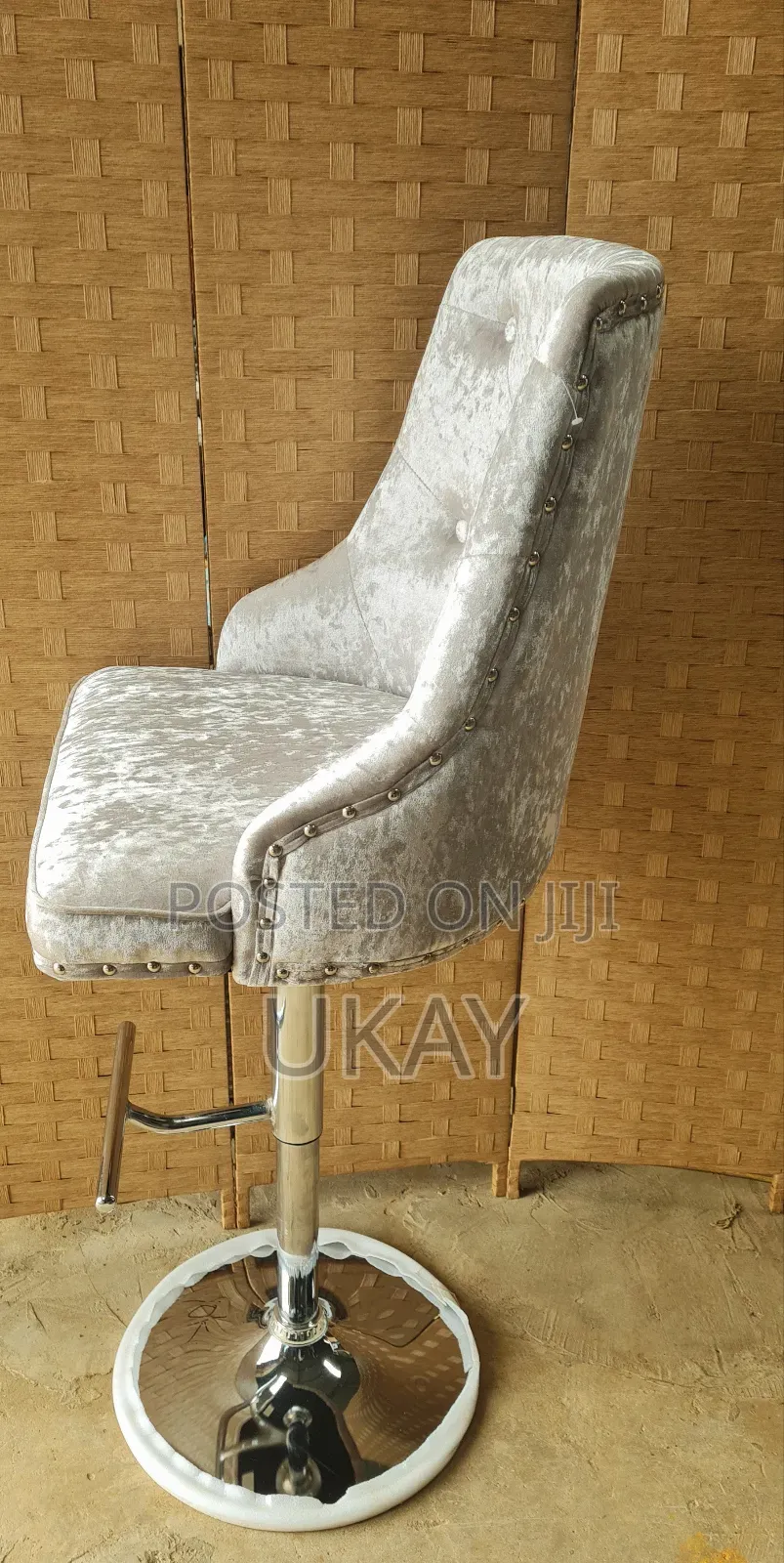 Buttoned Back Grey Velvet Bar Stool.