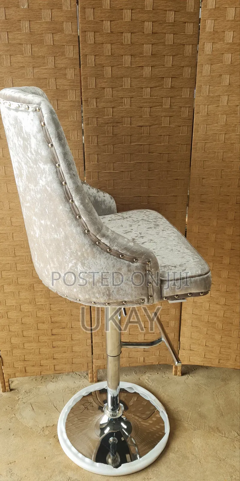 Buttoned Back Grey Velvet Bar Stool.