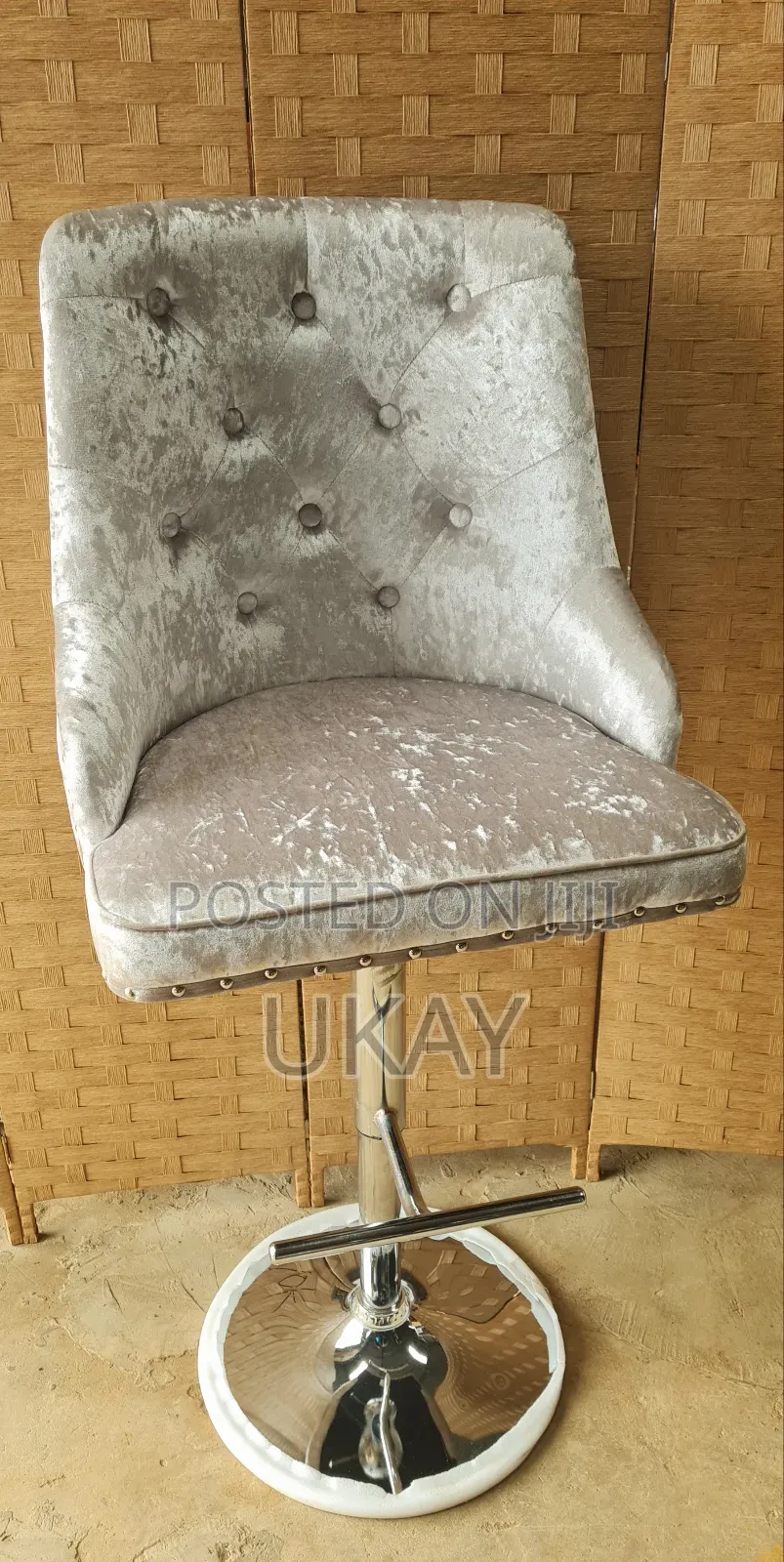 Buttoned Back Grey Velvet Bar Stool.