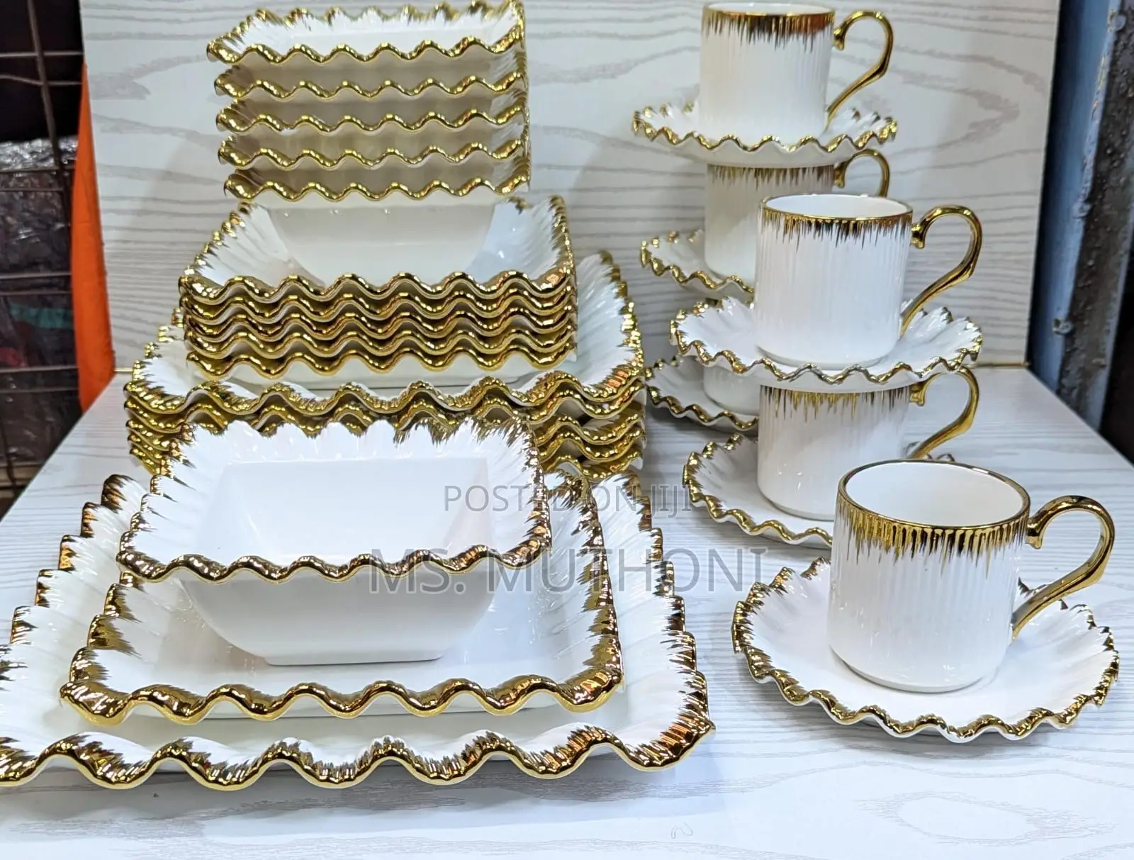 30pcs Ceramic Squared Dinner Set With Gold Rim Now