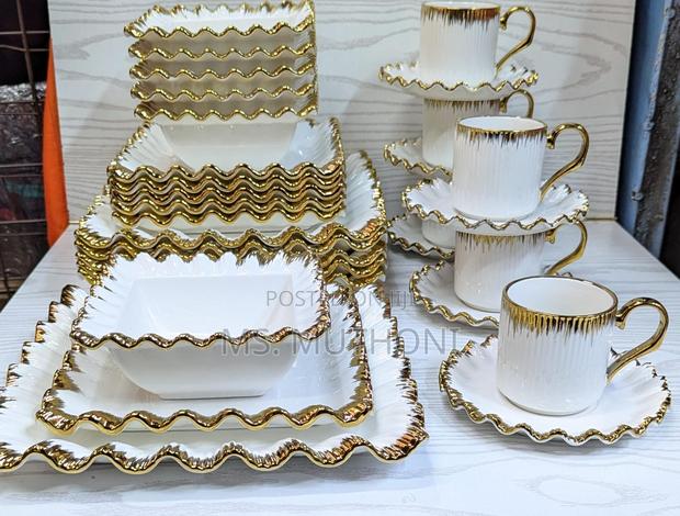 30pcs Ceramic Squared Dinner Set With Gold Rim Now - thumbnail 3