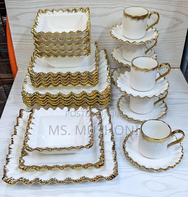 30pcs Ceramic Squared Dinner Set With Gold Rim Now - main view