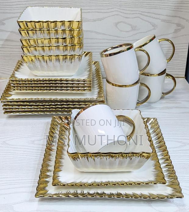 24pcs Ceramic Squared Dinner Set With Gold Rim - main view