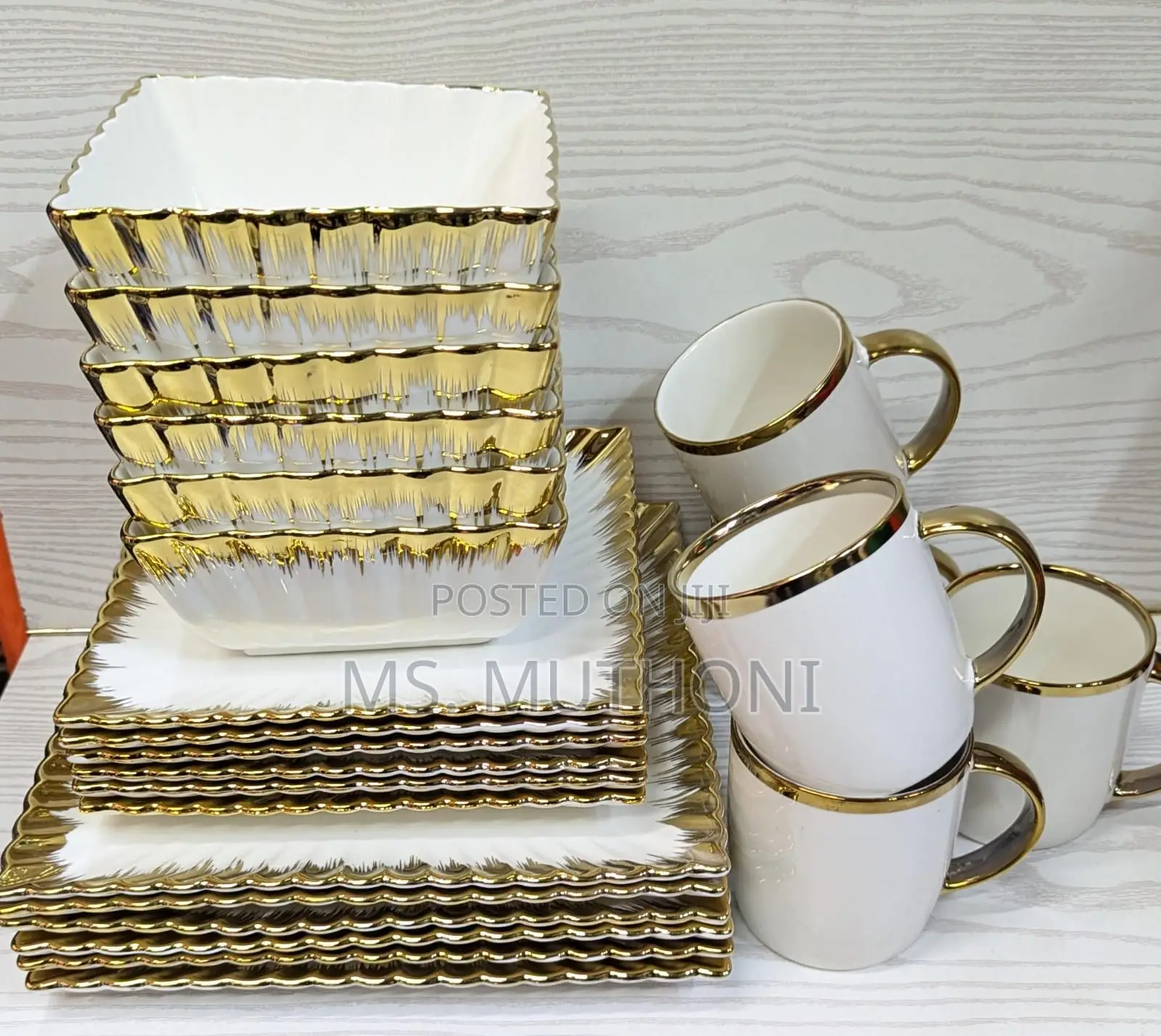 24pcs Ceramic Squared Dinner Set With Gold Rim