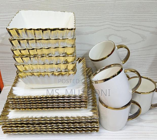 24pcs Ceramic Squared Dinner Set With Gold Rim - thumbnail 3