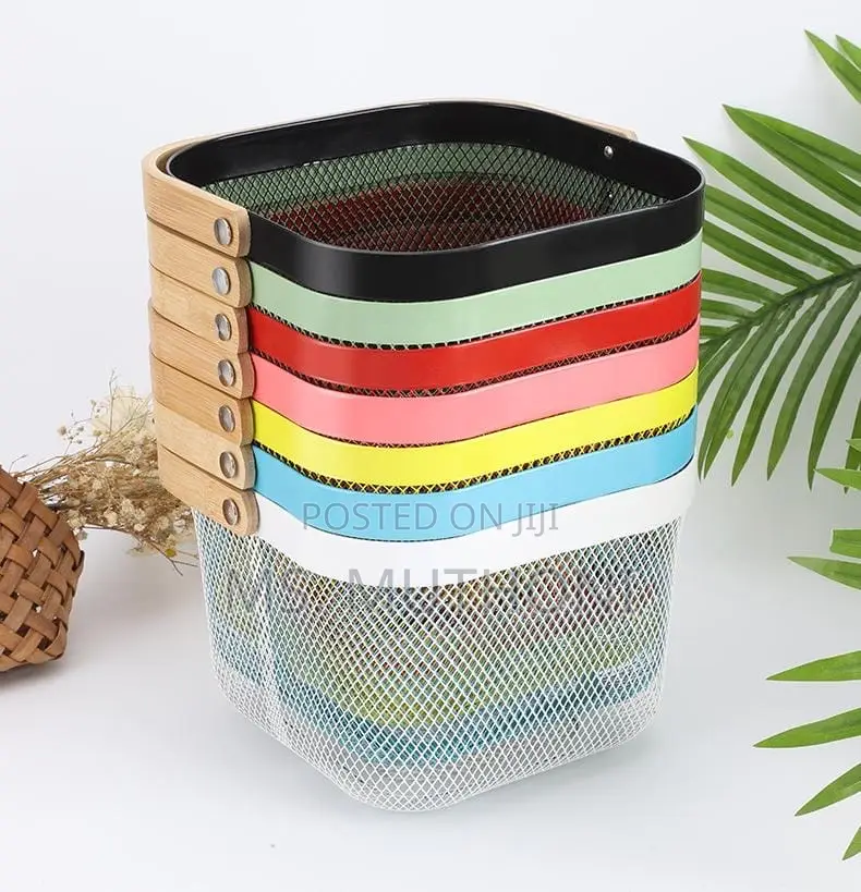 Portable Storage Basket With Mesh Wooden Handle*