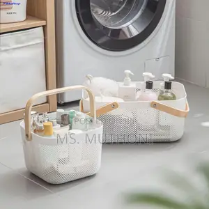 Portable Storage Basket With Mesh Wooden Handle*
