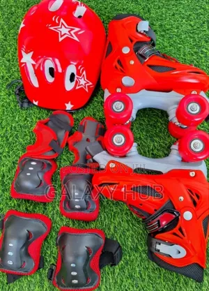 Red 4 Wheel Skate Shoes With Joint Protective Gears Helmet