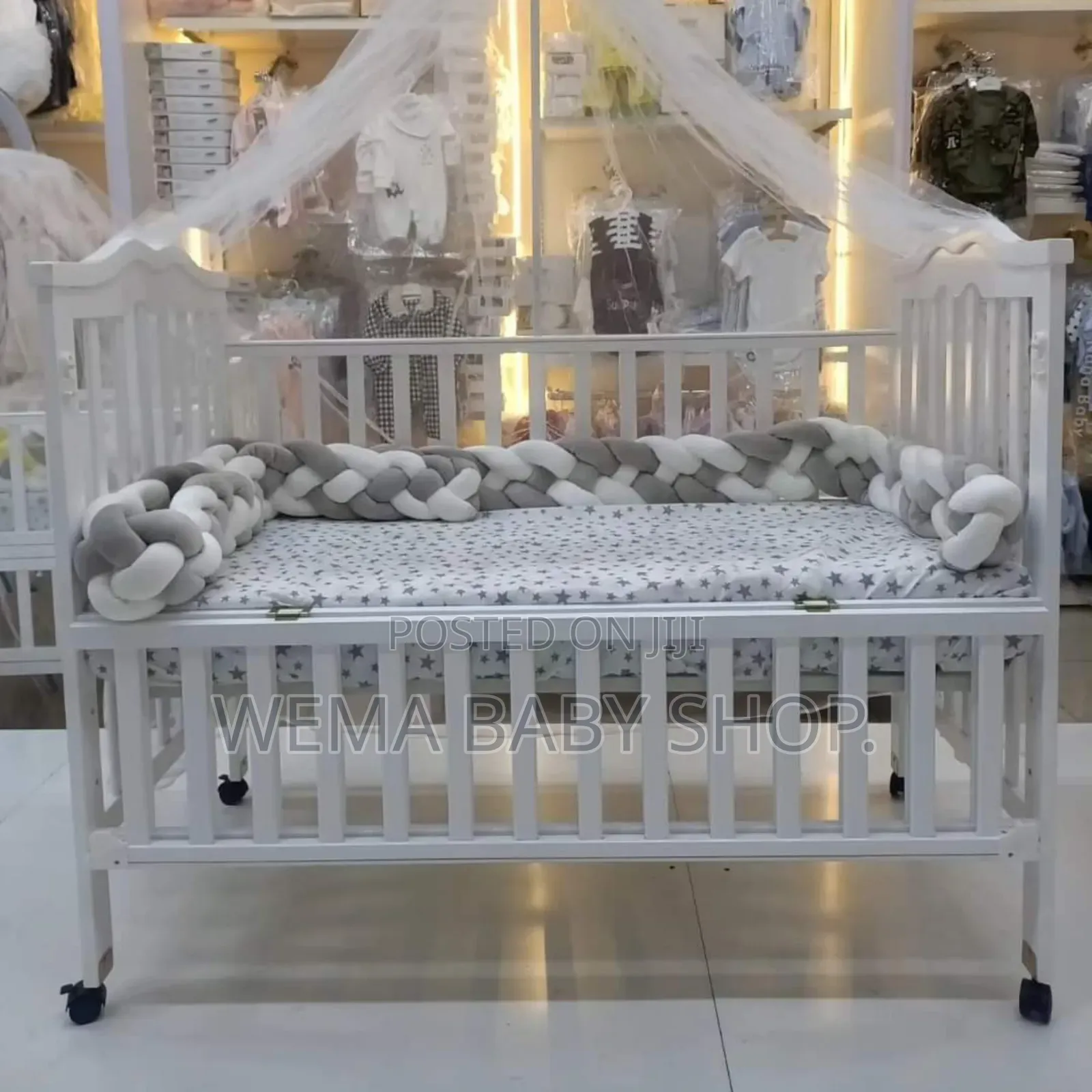 Wheeled Imported Cot With Mattress ,Braided Bumpers M/Net