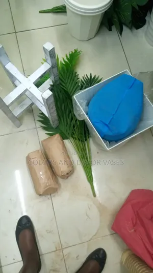 Palm Tree,White Stand and Plastic Vase