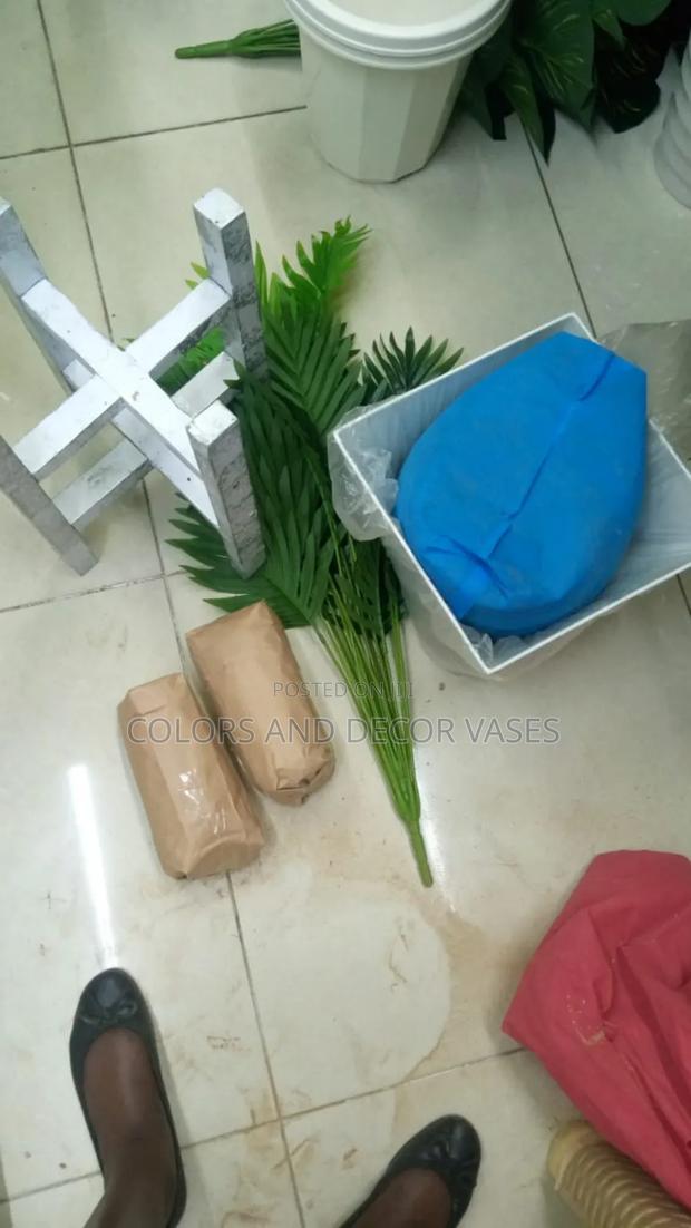 Palm Tree,White Stand and Plastic Vase