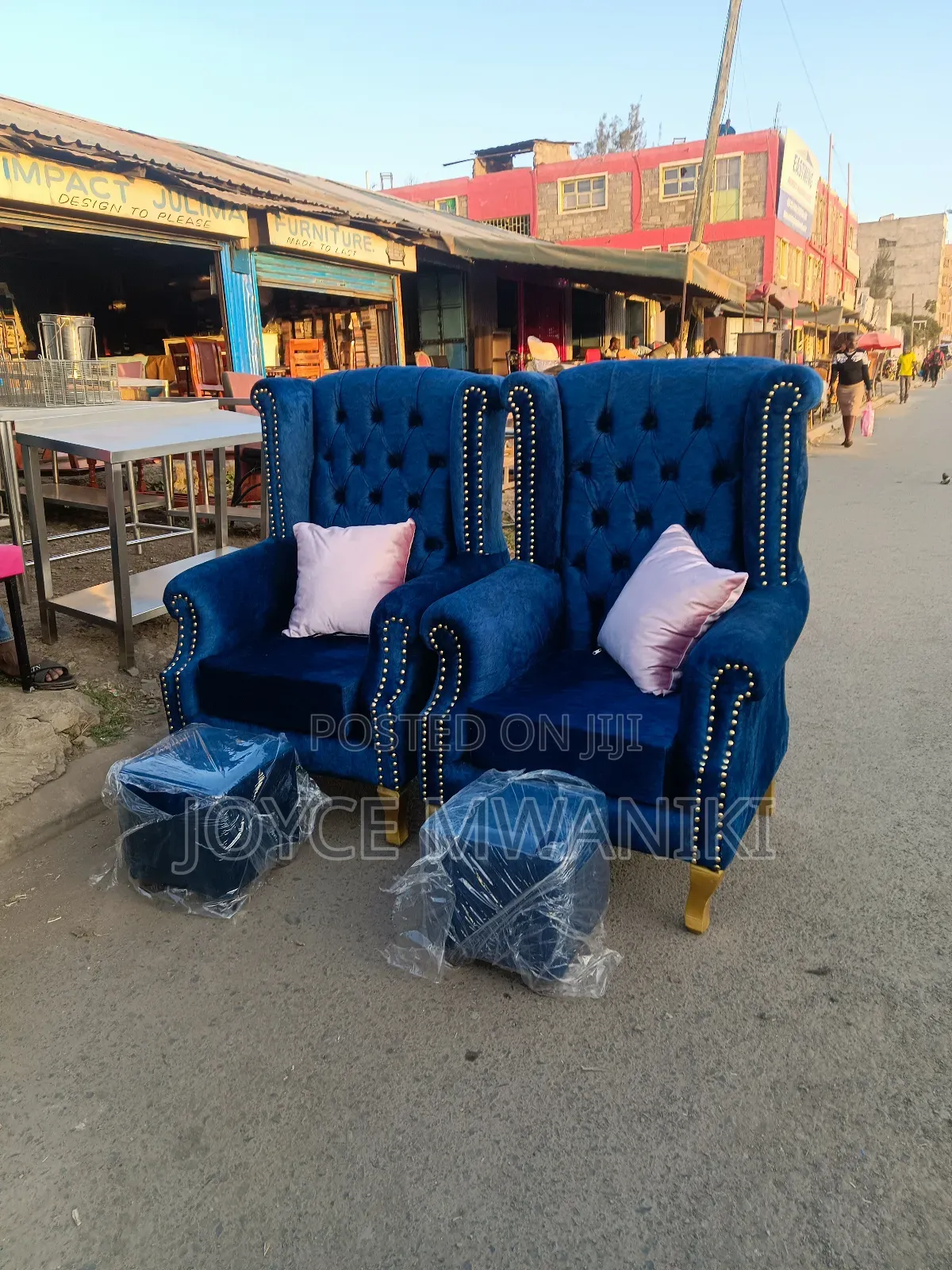 2 Pedicure Seats, 2 Puffs and 2 Pillows Navy Blue 