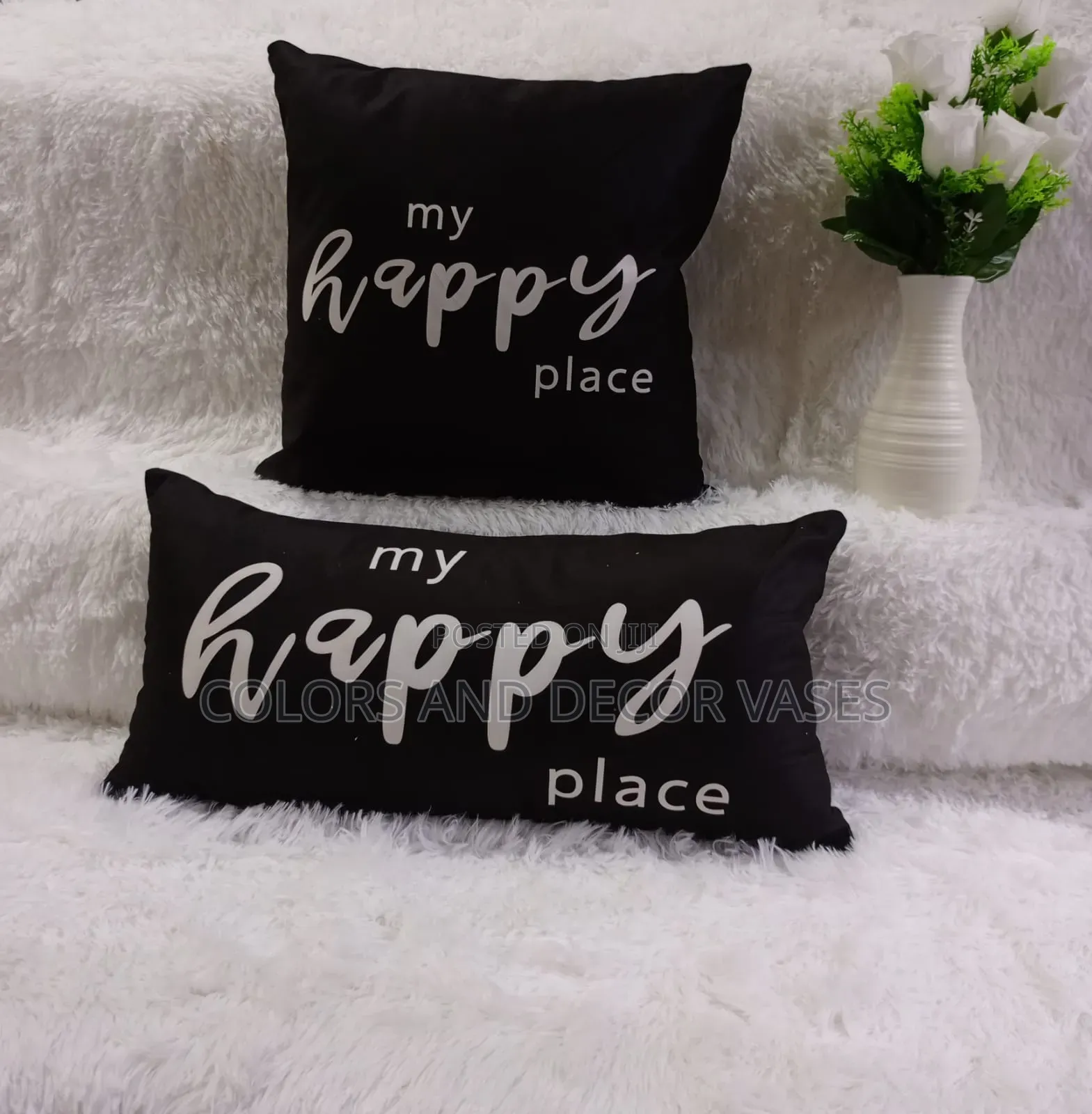 Black Happy Place Home Decor Pillows