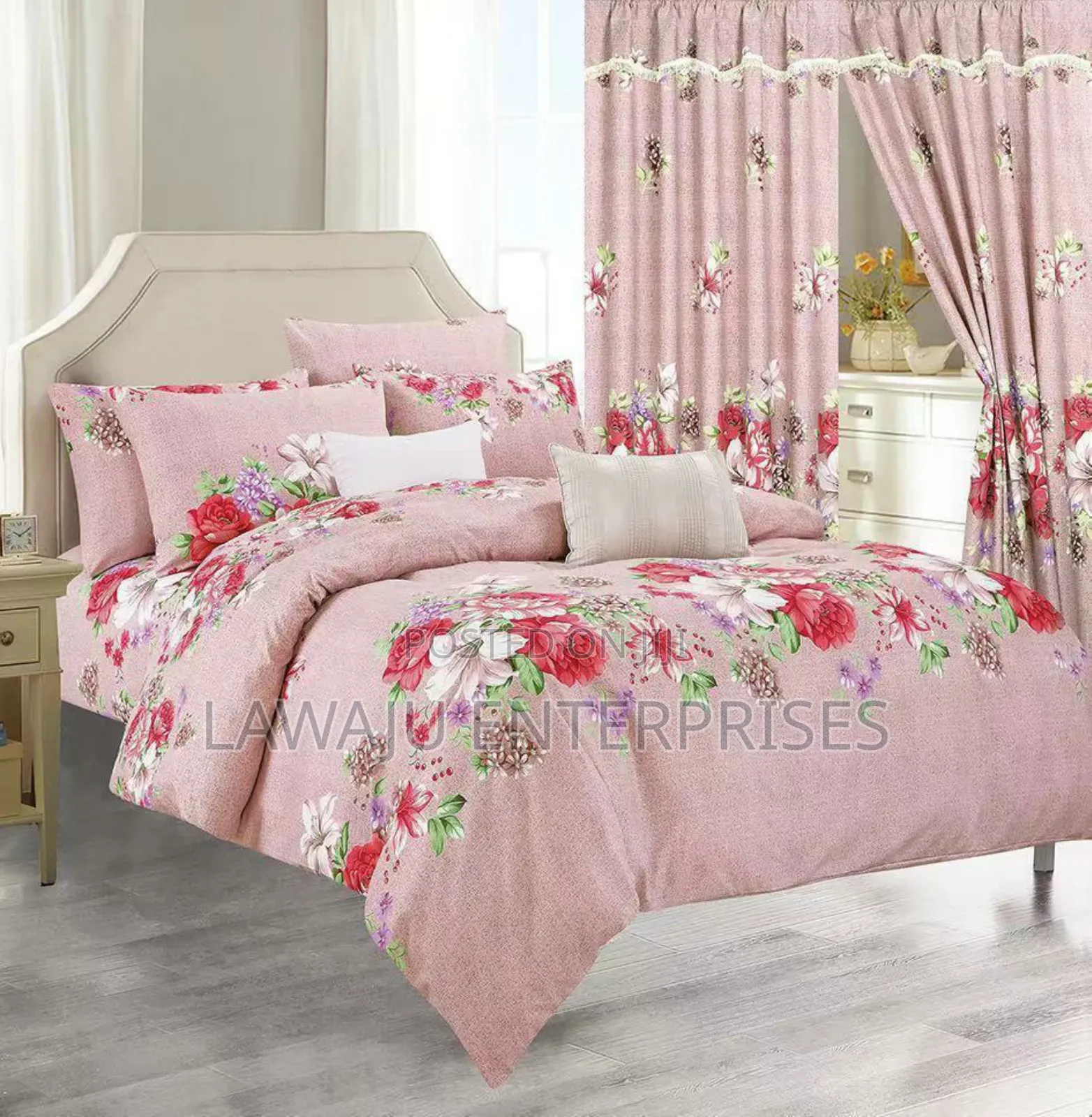7 Pc Pink Cotton Duvet Set With Curtains